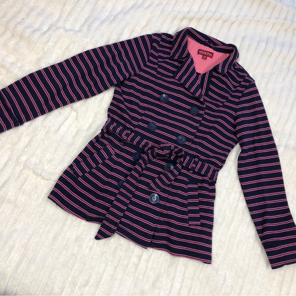 Merona EUC Navy & Pink Striped Double Breasted Knit Jacket w/Tie Belt Large - Picture 10 of 14